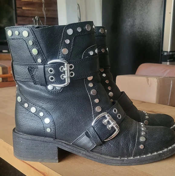 Sam Edelman Black Leather Moto Boots with Silver Studs - Picture 6 of 10
